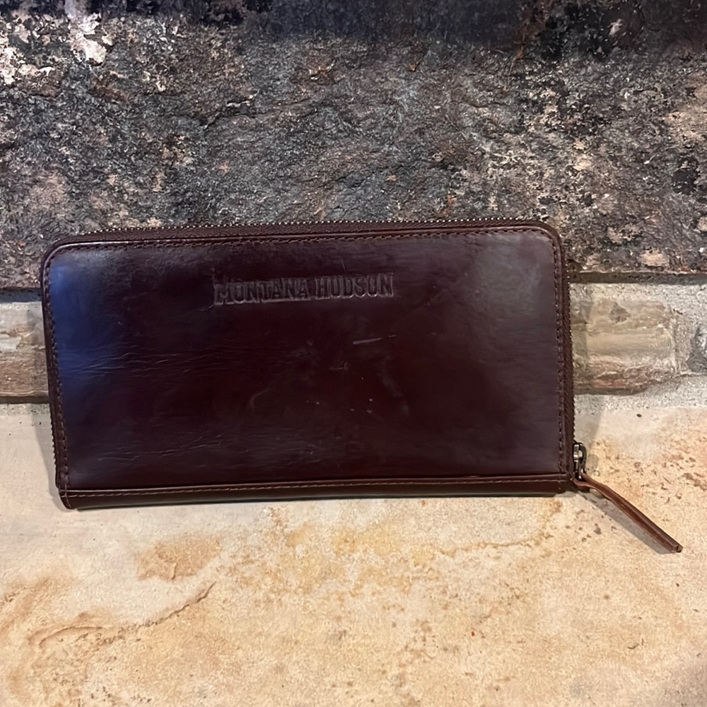 Montana Hudson Dark Brown Leather Checkbook Zipper Wallet